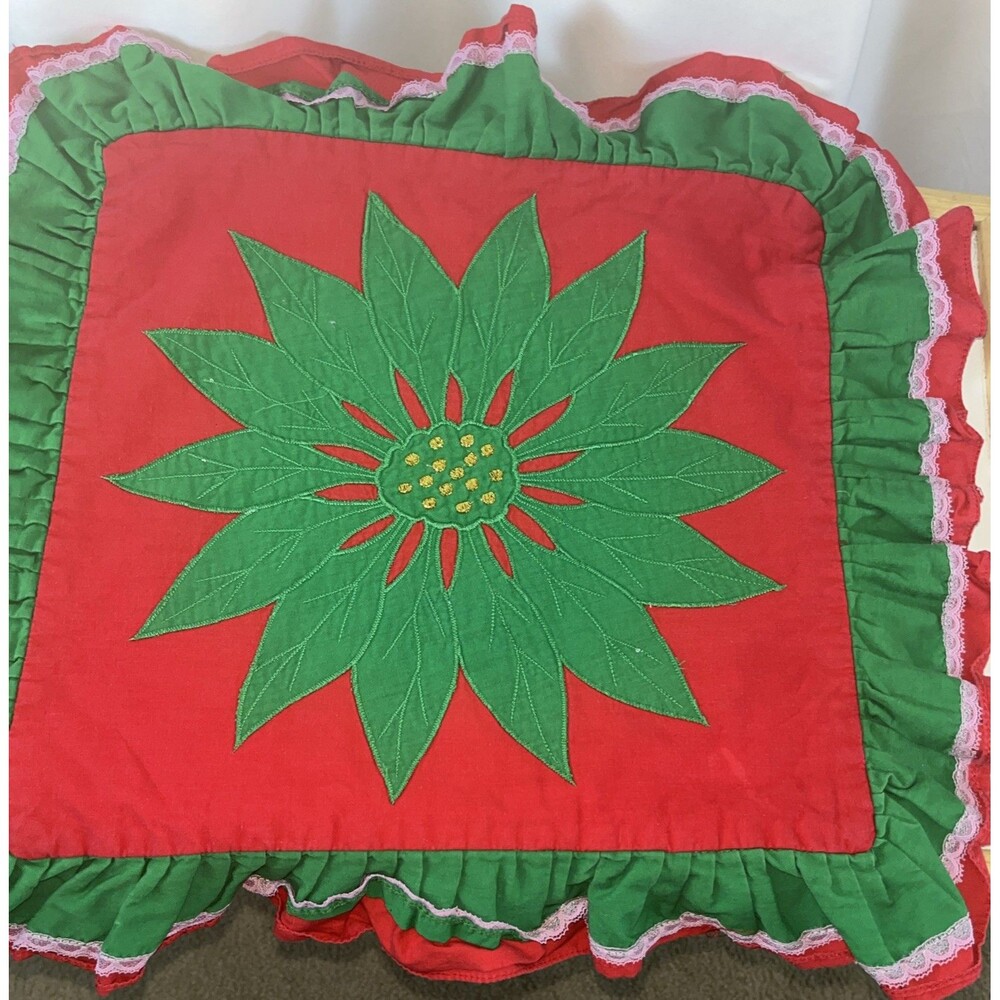 Vintage Handmade Holiday Christmas Pillow Cover 14X14 Square Set 2 Poniseta